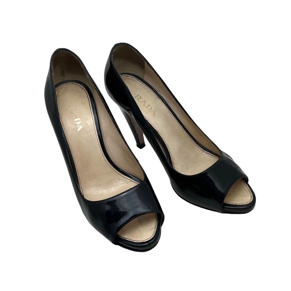 Prada Black Patent Open Toe Heels 7.5 - Picture 1 of 7